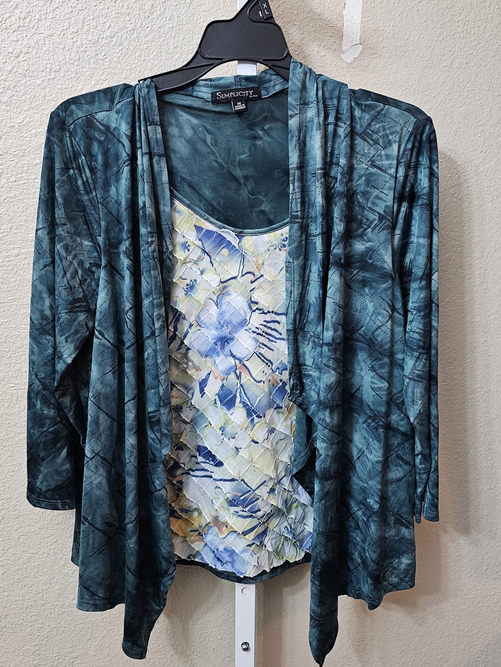 Simplicity Teal Open-Front Women's Cardigan with Floral Tank M